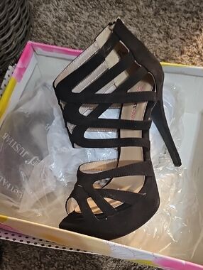JustFab Black Strappy Cage Stiletto Heels